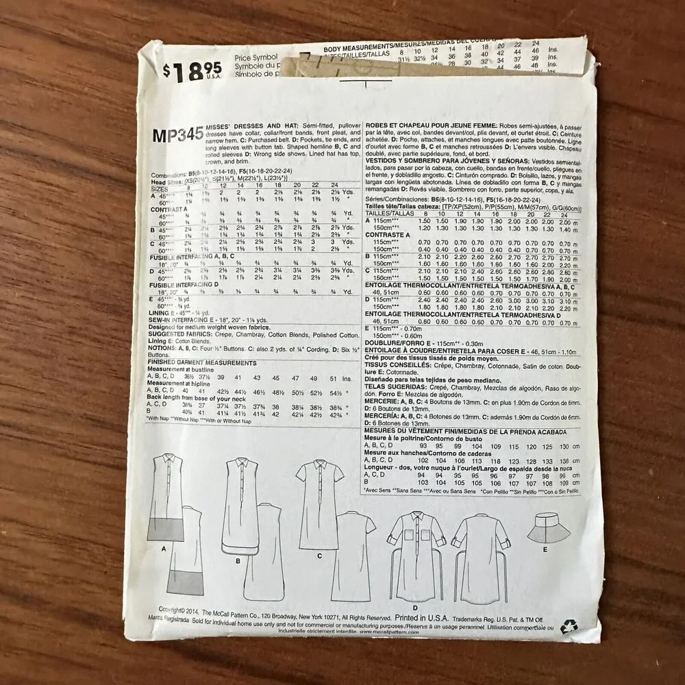 NEW McCALL'S Easy Sewing Pattern MP345 Sz 8-16 Misses Dress Hat